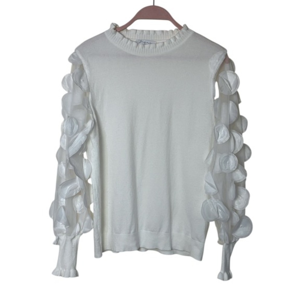 Siani Milano Women's White Sheer Petal Sleeve Knit Sweater Top Size Medium Soft‎